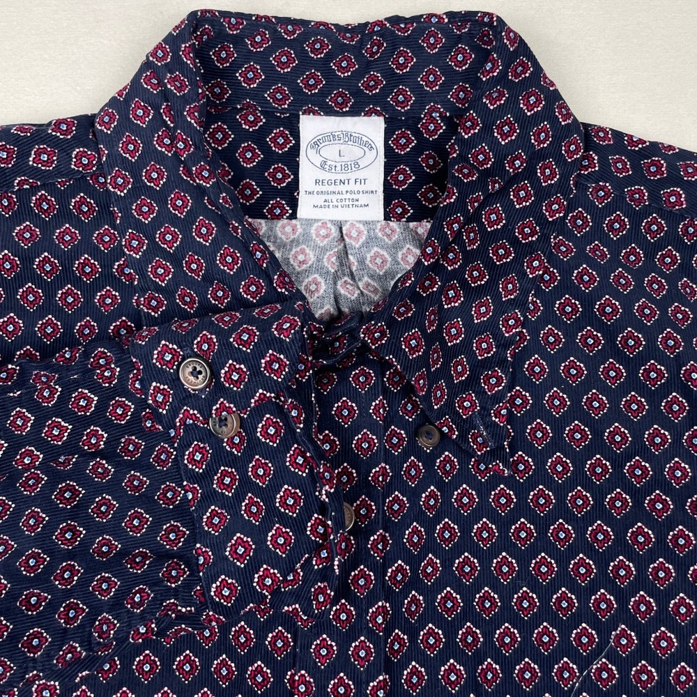 Brooks Brothers Regent Fit Navy Blue Geometric Medallion Cotton Shirt Mens L